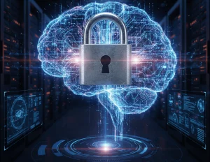 Ilustración conceptual de inteligencia artificial aplicada a la protección y seguridad de datos empresariales