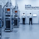 Sistema de inteligencia artificial monitorizando amenazas y protegiendo datos en un centro de datos