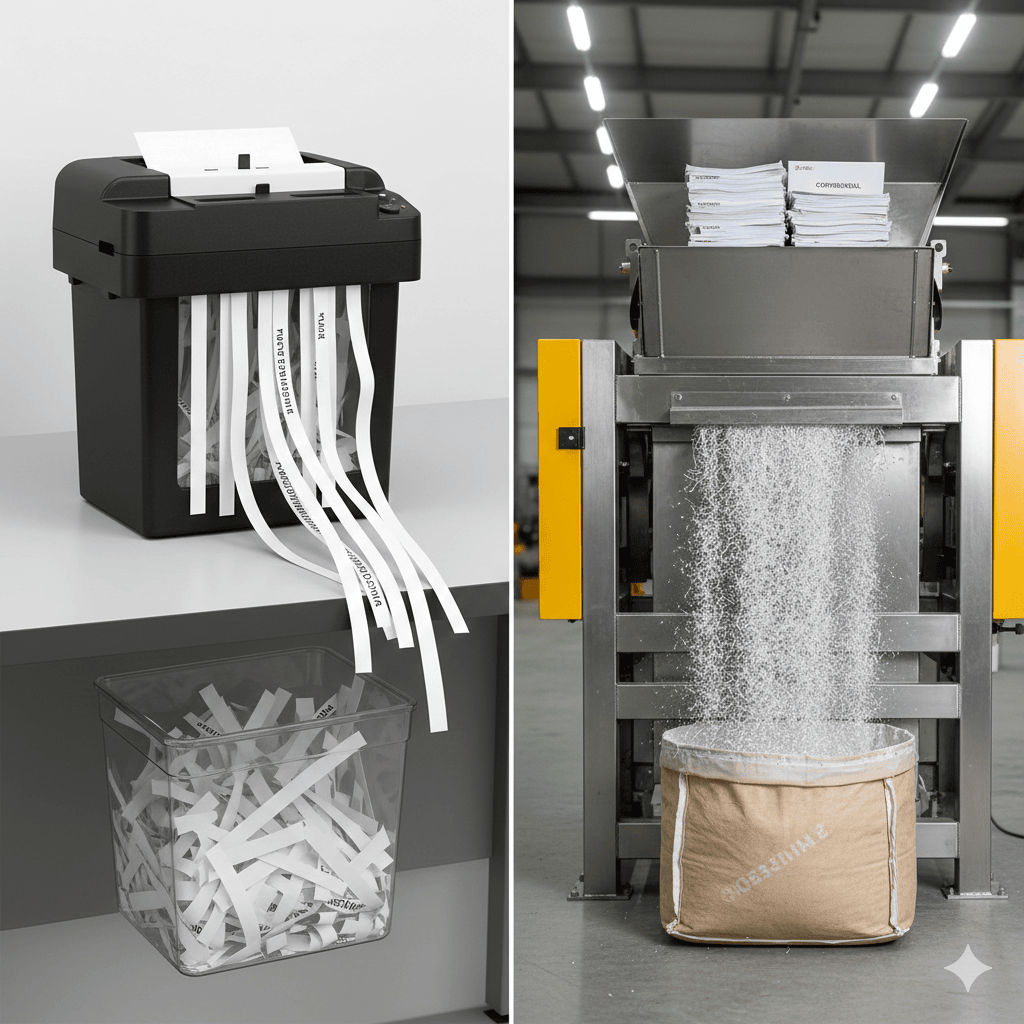 Trituradora industrial destruyendo documentos legales en partículas según normativa DIN 66399 para despachos de abogados