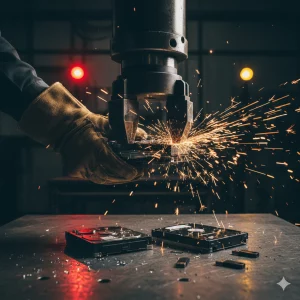 Técnico destruyendo físicamente discos duros y pendrives con información confidencial de un bufete de abogados