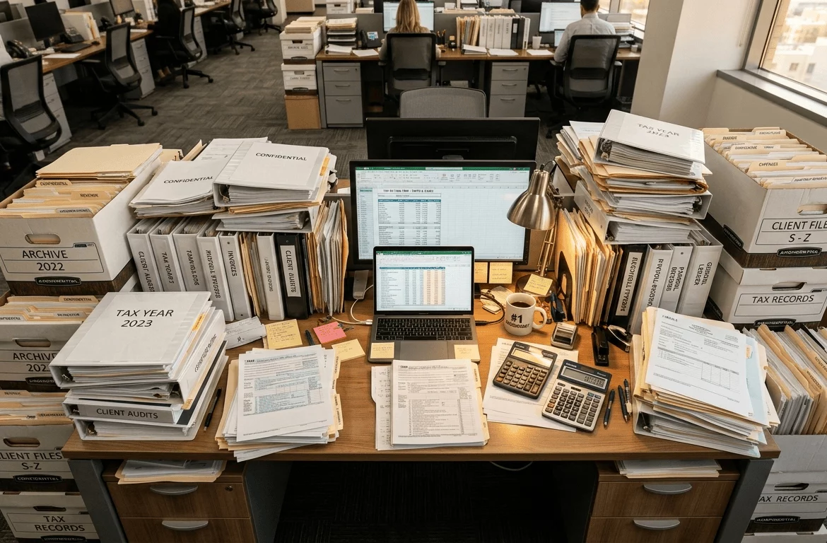 Montones de documentos financieros y carpetas de archivo en una oficina de gestoría pendientes de destrucción certificada