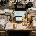 Montones de documentos financieros y carpetas de archivo en una oficina de gestoría pendientes de destrucción certificada