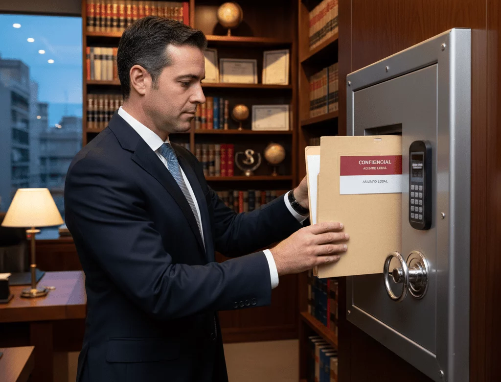 Abogado depositando expedientes confidenciales en un contenedor de seguridad sellado para su destrucción certificada