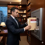 Abogado depositando expedientes confidenciales en un contenedor de seguridad sellado para su destrucción certificada