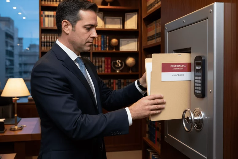 Abogado depositando expedientes confidenciales en un contenedor de seguridad sellado para su destrucción certificada