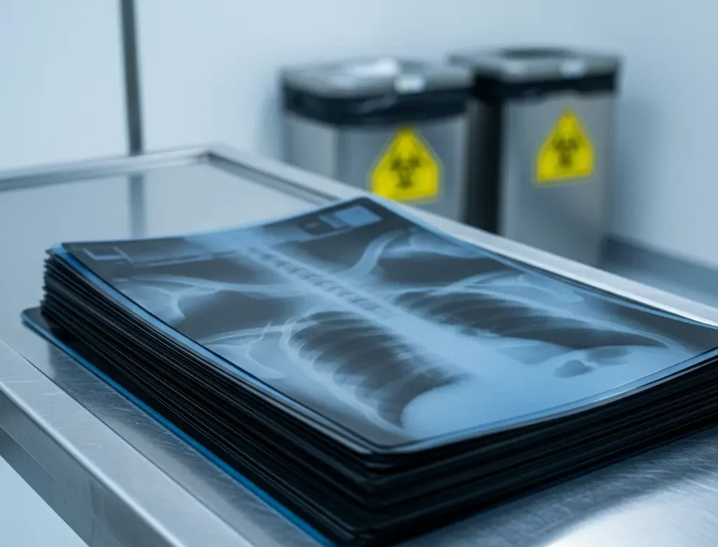 Radiografías médicas apiladas esperando destrucción certificada y reciclaje de plata