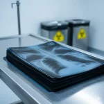 Radiografías médicas apiladas esperando destrucción certificada y reciclaje de plata