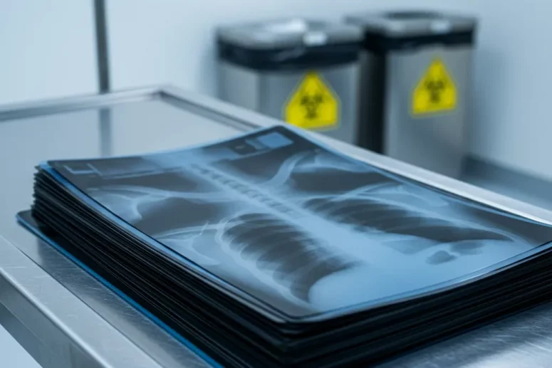 Radiografías médicas apiladas esperando destrucción certificada y reciclaje de plata