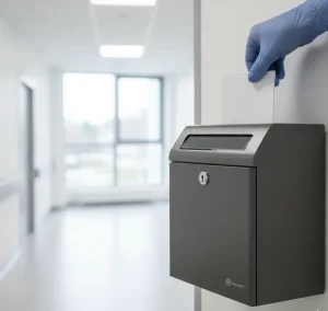 Contenedor de seguridad metálico para destrucción confidencial de documentos sanitarios