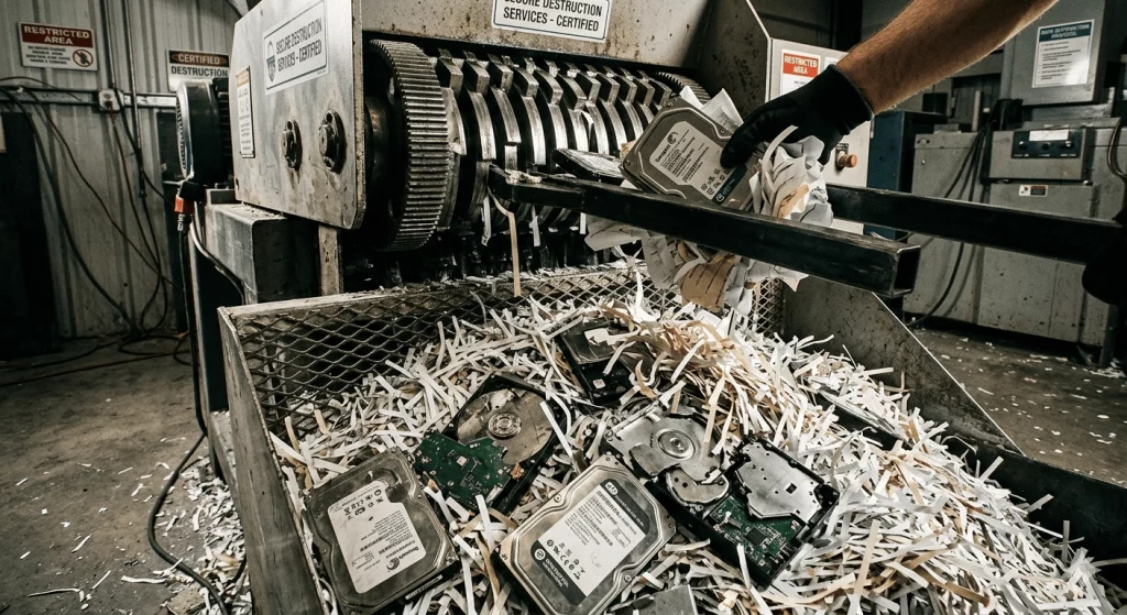 Proceso de trituración industrial certificada de discos duros, memorias USB y documentos financieros en papel en las instalaciones de Elimina