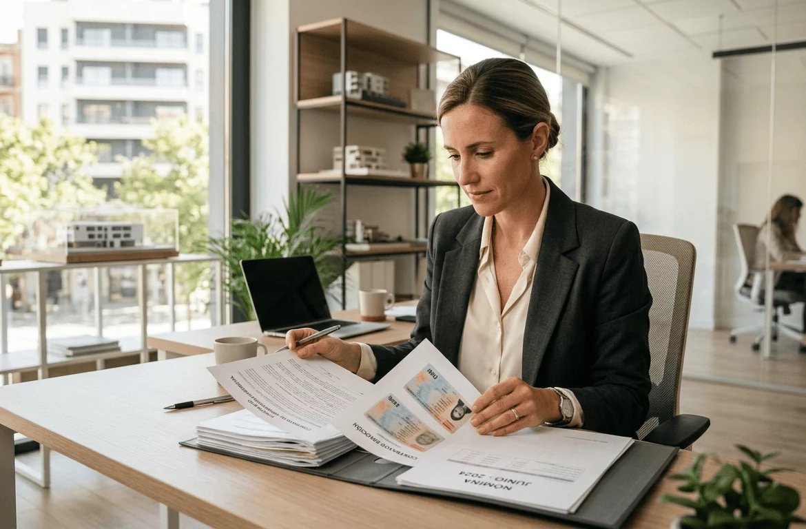 Agente inmobiliaria revisando contratos y expedientes de clientes sobre su mesa de trabajo