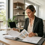 Agente inmobiliaria revisando contratos y expedientes de clientes sobre su mesa de trabajo