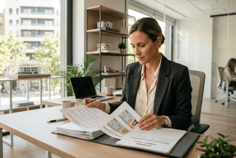 Agente inmobiliaria revisando contratos y expedientes de clientes sobre su mesa de trabajo
