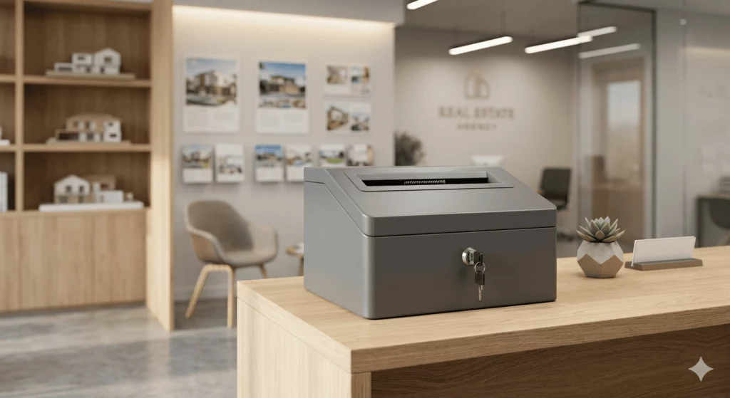 Contenedor metálico sellado de Elimina para la destrucción segura de documentos en una agencia inmobiliaria