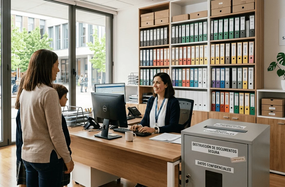 Contenedor de seguridad para destrucción de documentos confidenciales en la secretaría de un centro educativo moderno