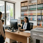 Contenedor de seguridad para destrucción de documentos confidenciales en la secretaría de un centro educativo moderno