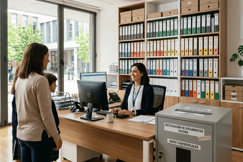 Contenedor de seguridad para destrucción de documentos confidenciales en la secretaría de un centro educativo moderno