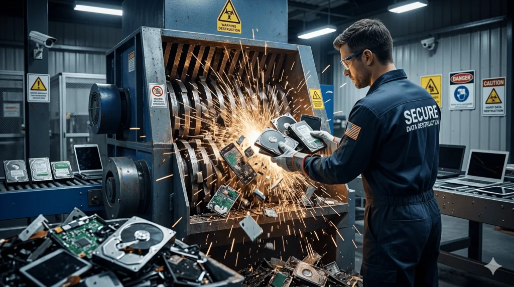 Técnico de Elimina destruyendo físicamente discos duros y smartphones de empresa durante el proceso de offboarding tecnológico, garantizando la seguridad de datos personales de empleados