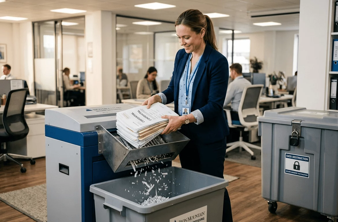 Técnico de Elimina introduciendo documentos laborales confidenciales como nóminas y contratos en una trituradora industrial certificada dentro de una oficina de Recursos Humanos