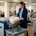 Técnico de Elimina introduciendo documentos laborales confidenciales como nóminas y contratos en una trituradora industrial certificada dentro de una oficina de Recursos Humanos