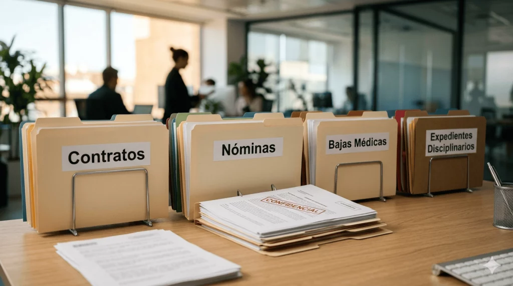 Archivadores con documentos laborales etiquetados como contratos, informes médicos, nóminas y expedientes disciplinarios listos para ser destruidos conforme al RGPD