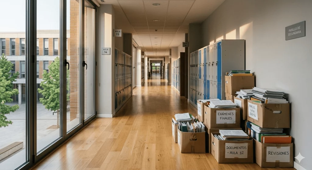 Cajas de exámenes y documentos acumulados en un pasillo de colegio durante el expurgo de final de curso