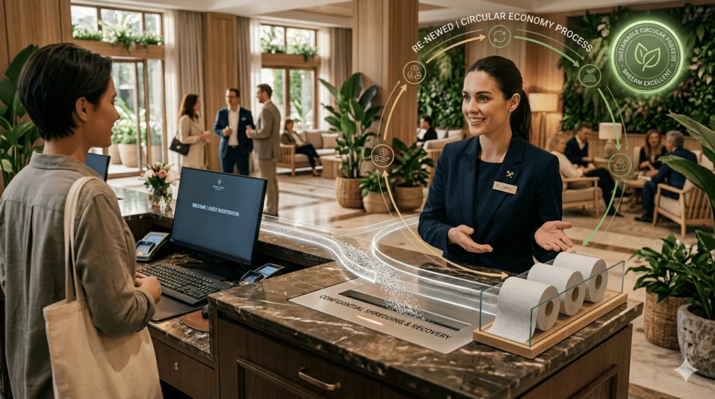 Hotel ecológico con símbolo de economía circular mostrando papel triturado convertido en papel reciclado