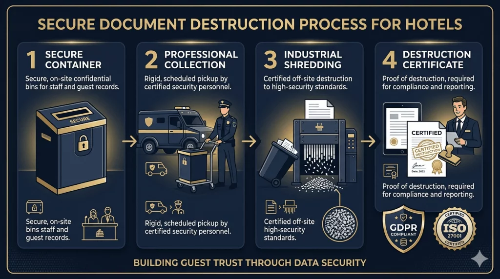 Infografía del proceso de destrucción de documentos de Elimina en hoteles: contenedor seguro, recogida profesional y certificado de destrucción