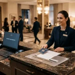 Recepcionista de hotel sosteniendo un pasaporte junto a un contenedor seguro de destrucción de documentos en el mostrador