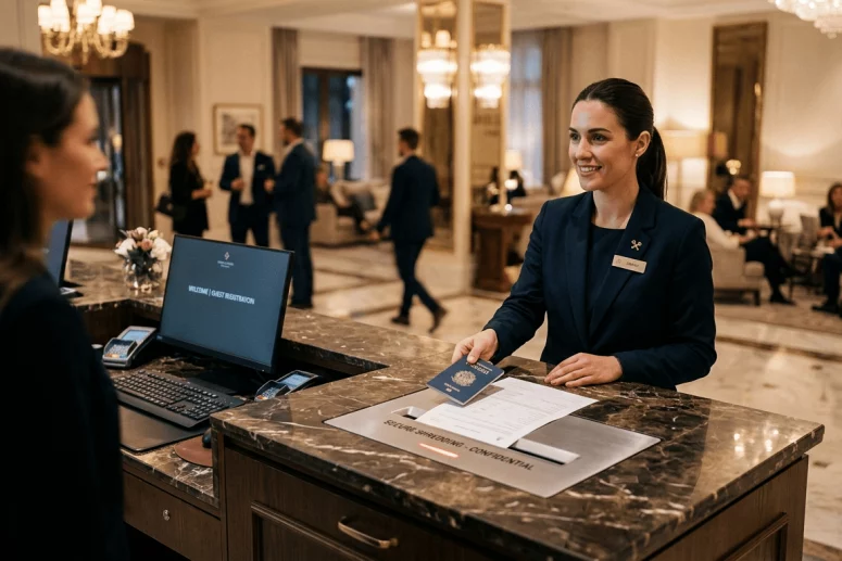 Recepcionista de hotel sosteniendo un pasaporte junto a un contenedor seguro de destrucción de documentos en el mostrador
