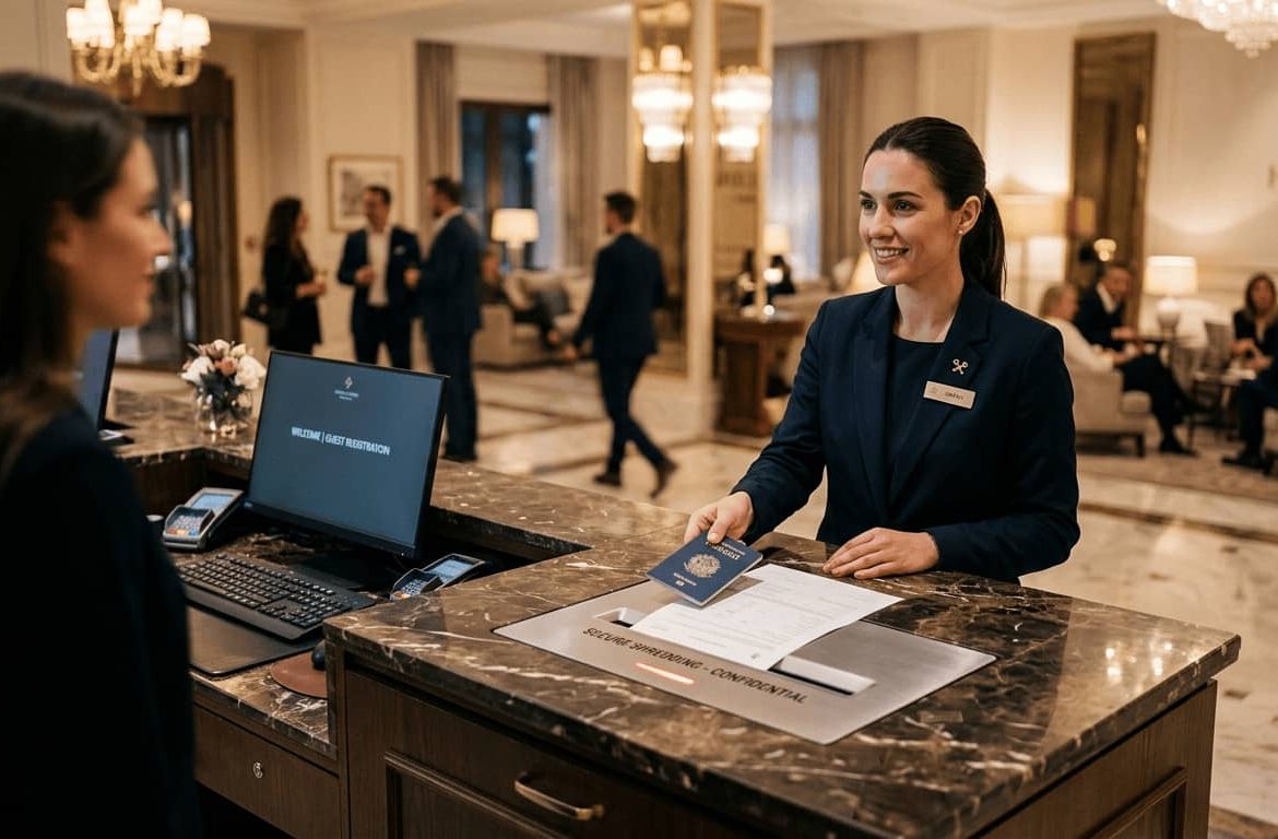Recepcionista de hotel sosteniendo un pasaporte junto a un contenedor seguro de destrucción de documentos en el mostrador