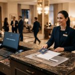 Recepcionista de hotel sosteniendo un pasaporte junto a un contenedor seguro de destrucción de documentos en el mostrador