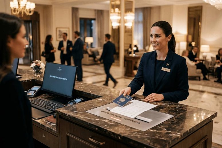 Recepcionista de hotel sosteniendo un pasaporte junto a un contenedor seguro de destrucción de documentos en el mostrador