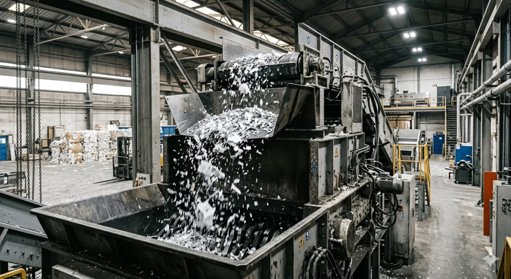 Maquinaria industrial triturando documentos de una agencia inmobiliaria con certificación de seguridad DIN 66399 nivel P-4