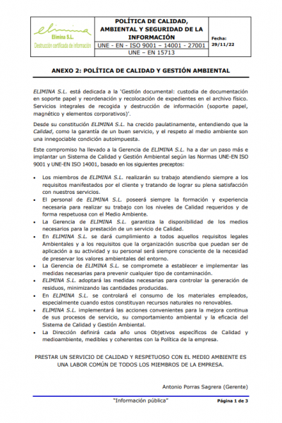 Política de calidad y medioambiente Elimina S.L.