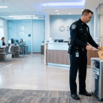 Empleado depositando documentos financieros en contenedor de seguridad Elimina