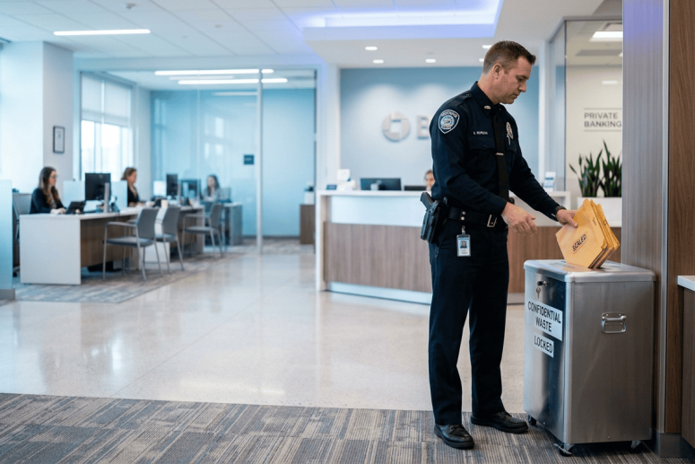 Empleado depositando documentos financieros en contenedor de seguridad Elimina