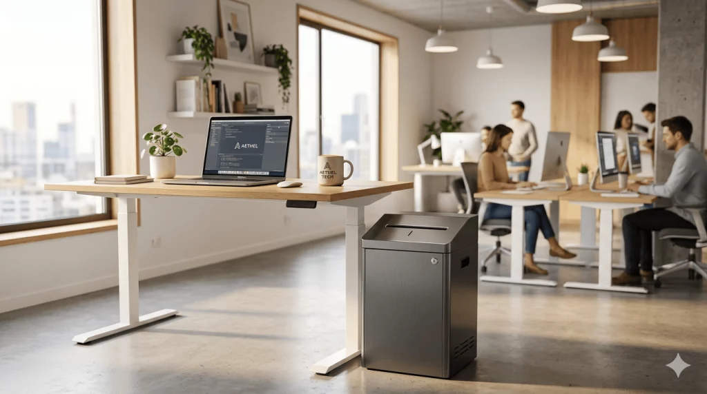 Buzón de seguridad certificado para destrucción confidencial de documentos instalado en una oficina tech de diseño minimalista con escritorio y portátil