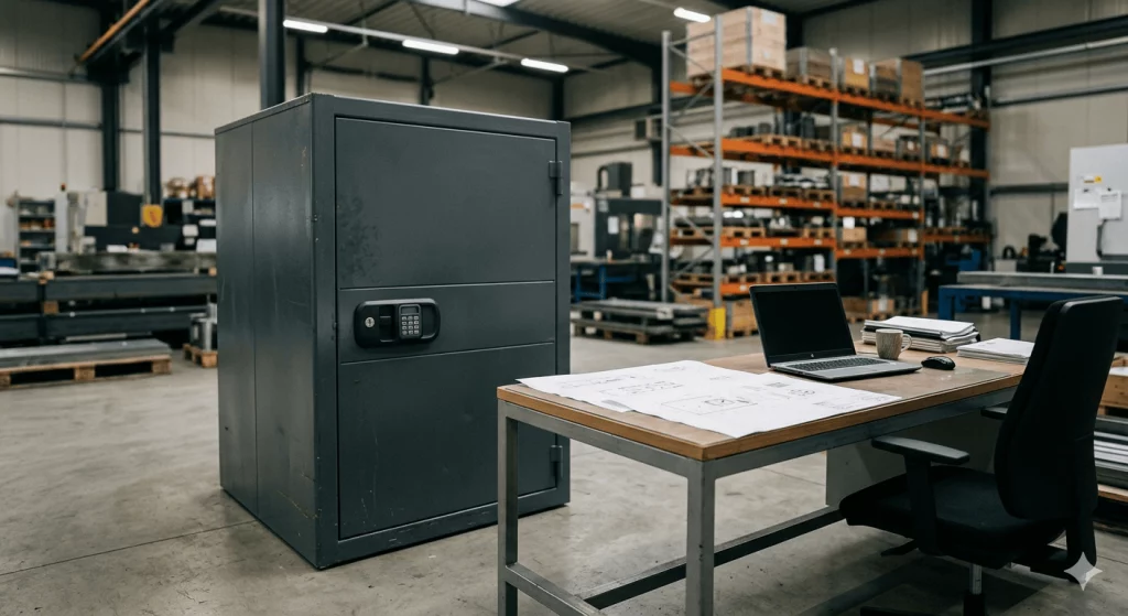 Contenedor metálico ignífugo con cerradura de seguridad para destrucción certificada de documentos en nave industrial, servicio Elimina