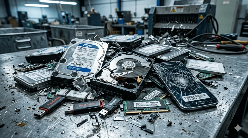 Hardware informático obsoleto preparado para destrucción física certificada: discos duros, memorias SSD, pendrives y tarjetas de acceso con números de serie visibles