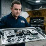 Técnico de Elimina destruyendo físicamente discos duros, memorias USB y tarjetas RFID obsoletas de una planta de fabricación para proteger datos confidenciales