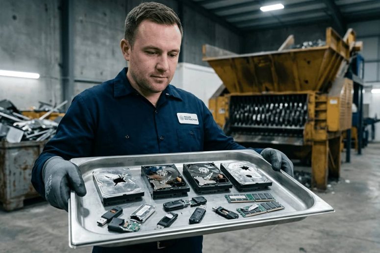 Técnico de Elimina destruyendo físicamente discos duros, memorias USB y tarjetas RFID obsoletas de una planta de fabricación para proteger datos confidenciales