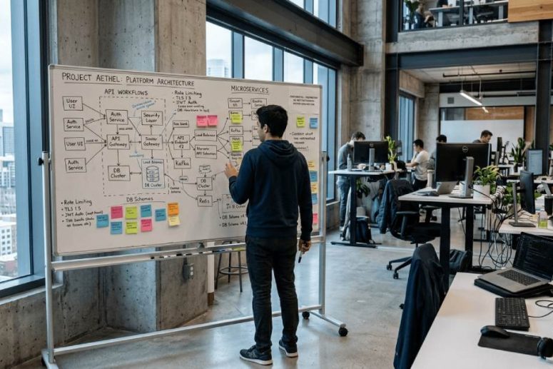Ingeniero de software revisando diagramas de arquitectura y flujos de APIs en una pizarra de oficina de empresa tecnológica con información confidencial expuesta