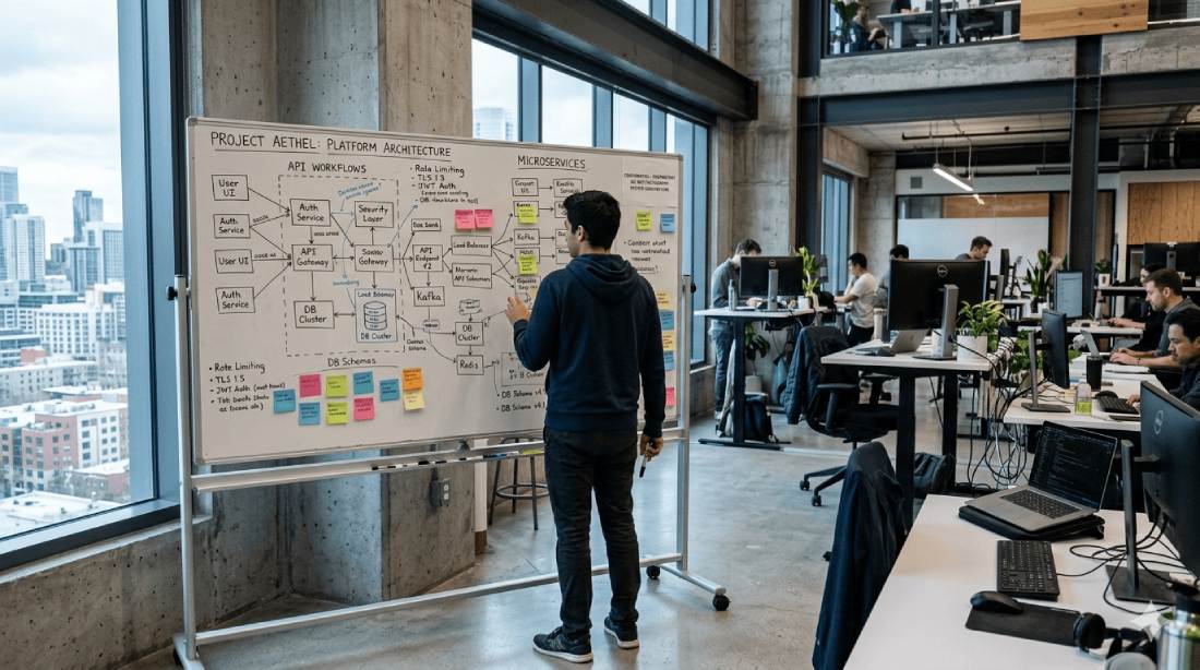 Ingeniero de software revisando diagramas de arquitectura y flujos de APIs en una pizarra de oficina de empresa tecnológica con información confidencial expuesta