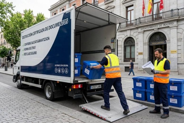 Operarios especializados de Elimina cargando contenedores de documentos confidenciales en vehículo geolocalizados para su destrucción certificada