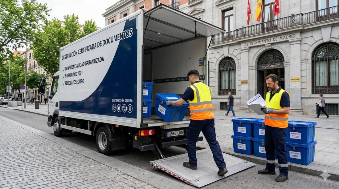 Operarios especializados de Elimina cargando contenedores de documentos confidenciales en vehículo geolocalizados para su destrucción certificada
