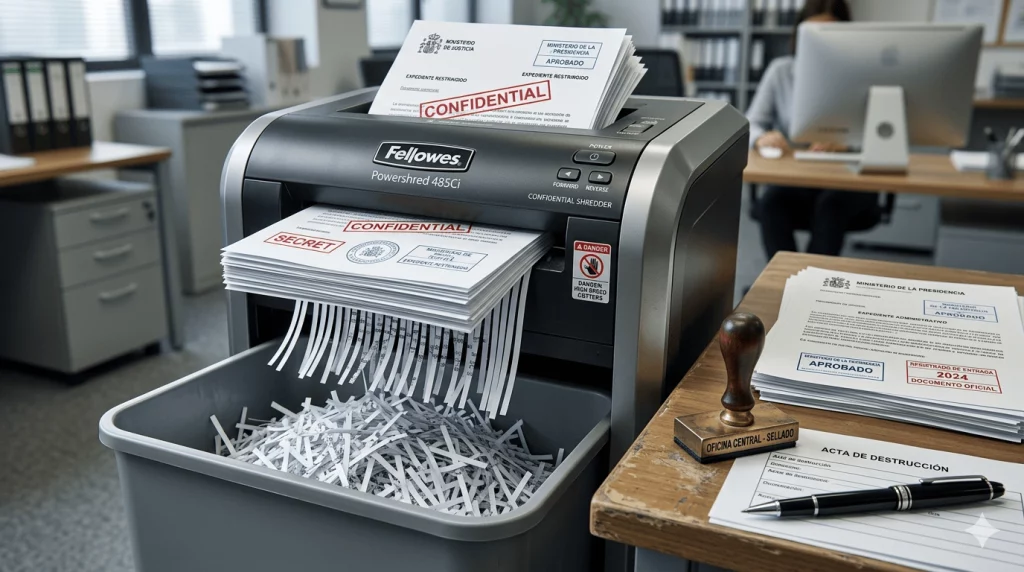 Trituradora de documentos profesional destruyendo expedientes oficiales con sello de administración pública en un entorno de máxima seguridad