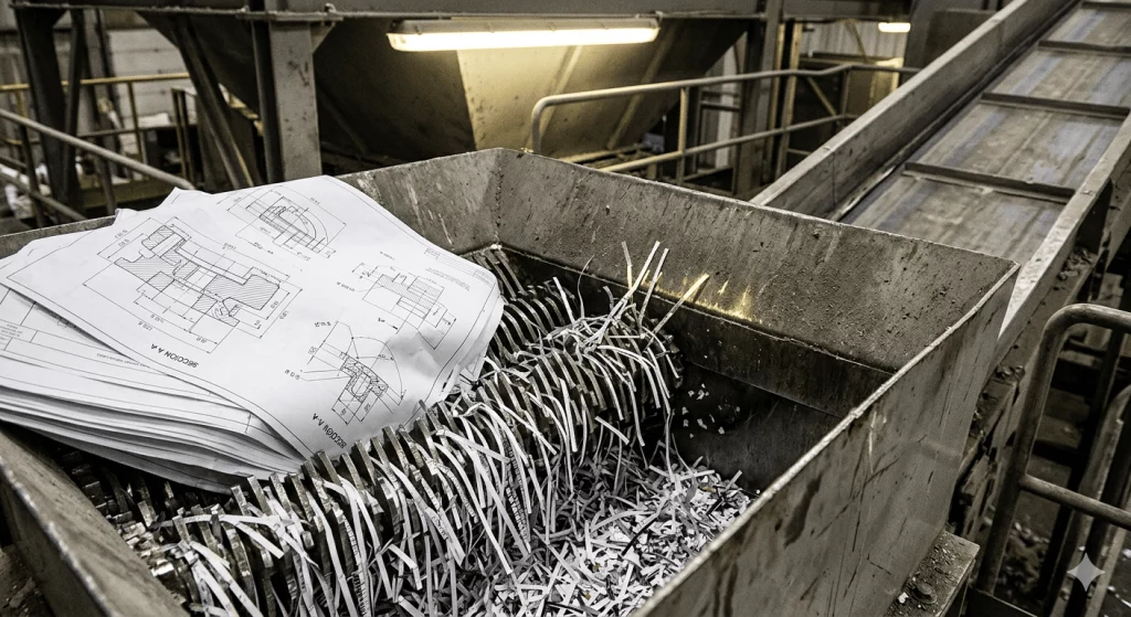 Trituradora industrial de nivel P-4 procesando planos técnicos de ingeniería y documentos confidenciales de fábrica, certificación DIN 66399