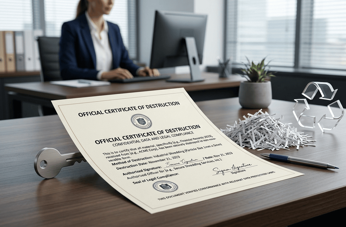 Certificado de destrucción de documentos junto a papel triturado, garantía legal ante la AEPD y el RGPD
