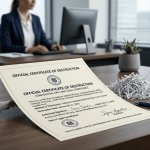 Certificado de destrucción de documentos junto a papel triturado, garantía legal ante la AEPD y el RGPD